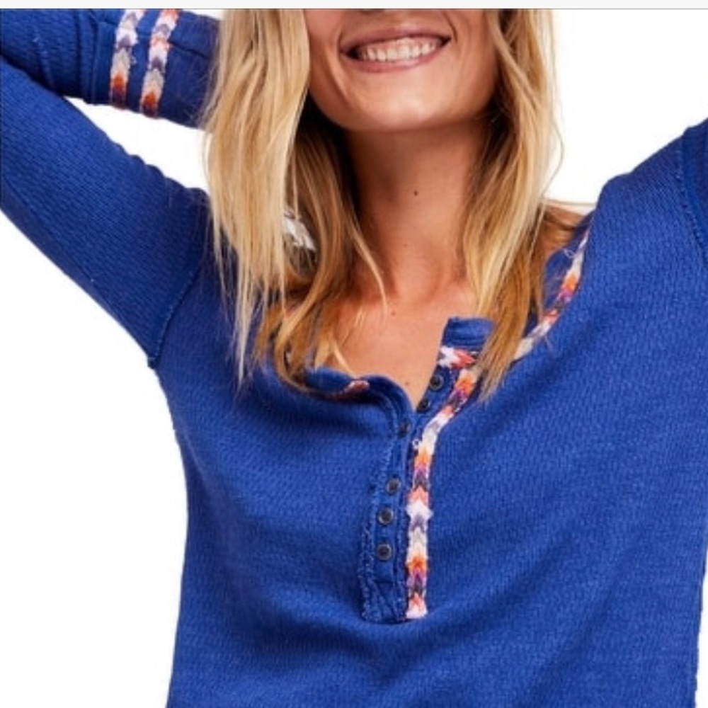 NWT Free People Blue Thermal Embroidered Top XS
